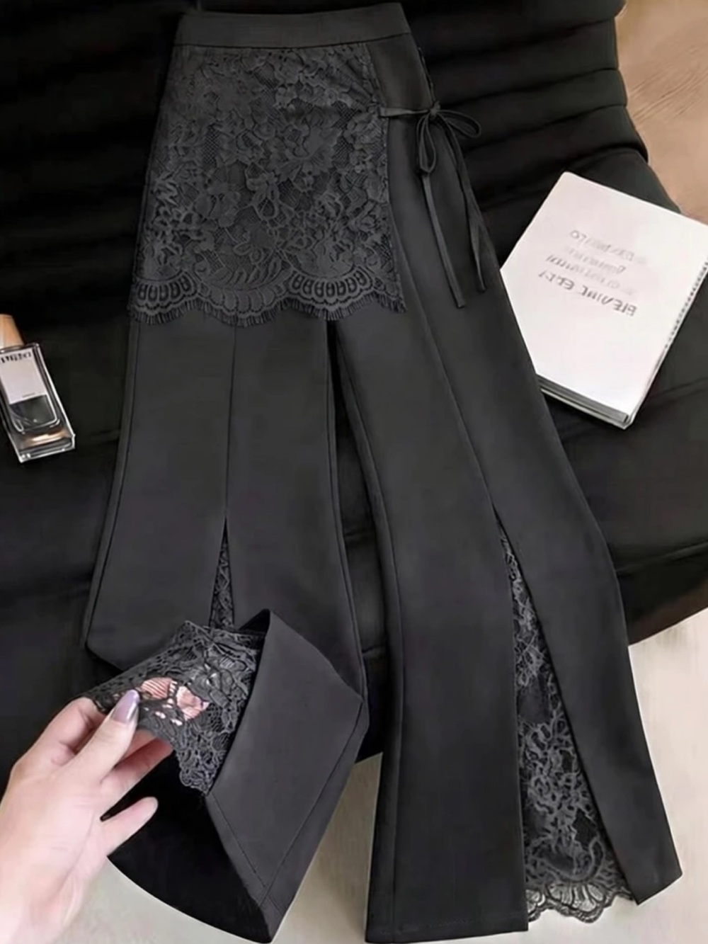 Franclia Women's Elegant Lace Patchwork Black Long Pants, Summer, Black